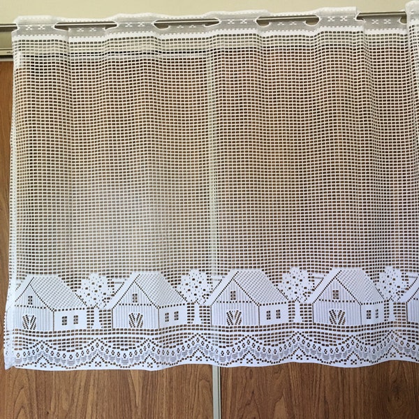 Cafe Curtain Kitchen Curtain Cottage Curtain White  Lace Rod Slits Houses and Trees Motif Country Light Weight Made in Canada  62" by 35.5"