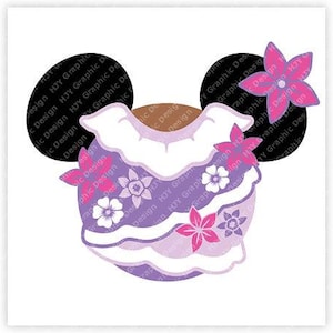 May include: Purple and pink floral design with a brown and black Mickey Mouse ear silhouette. The design is reminiscent of a Hawaiian lei.