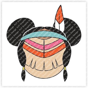 May include: A cartoon illustration of a Native American princess with a feathered headdress, wearing a colorful beaded headband and a turquoise and pink dress. The princess has black hair and brown eyes.