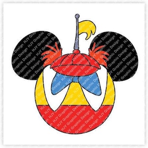 Puede incluir: Una silueta de cabeza de Mickey Mouse roja, amarilla y azul con un sombrero rojo y blanco y una pajarita amarilla.