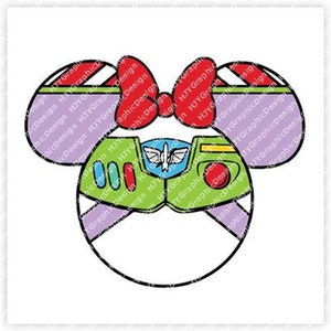 May include: A purple and green Mickey Mouse ears headband with a red, white, and blue bow. The center of the headband features a green, yellow, and blue space ranger design with a white space ranger logo.