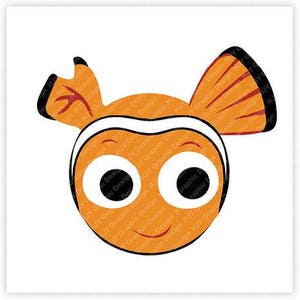May include: Orange and white cartoon fish with big eyes and a smile. The fish has black outlines and a fin on each side of its head.