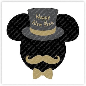 Mickey, feliz ano novo, cartola, bigode, gravata borboleta, cabeça, orelhas de rato, digital, download, camiseta, arquivo cortado, SVG, ferro, transferência