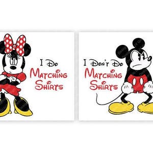 May include: Two images of Mickey Mouse and Minnie Mouse. Minnie Mouse is wearing a red dress and has a red bow in her hair. She is saying "I do matching shirts". Mickey Mouse is wearing red shorts and is saying "I don't do matching shirts".