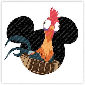 May include: A cartoon rooster with large eyes and a red comb is inside a brown barrel. The rooster is in front of a black Mickey Mouse silhouette.