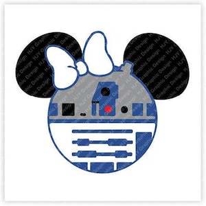 May include: A blue and gray R2-D2 character from Star Wars with a black and white bow on top, styled as a Mickey Mouse head.