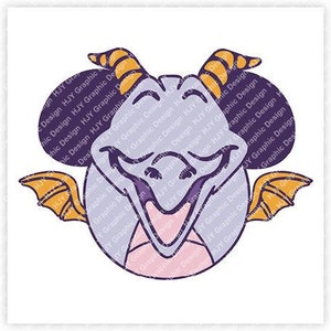 May include: Purple and yellow cartoon dragon with a wide open mouth and large eyes. The dragon has wings and horns.