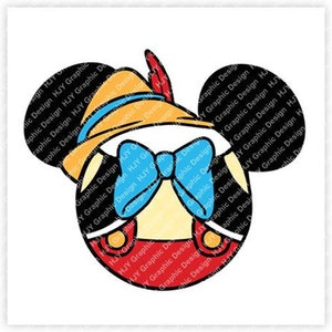 May include: A cartoon illustration of a character with a red, yellow and blue hat, a blue bow tie and a red and white outfit. The character has large, round ears.