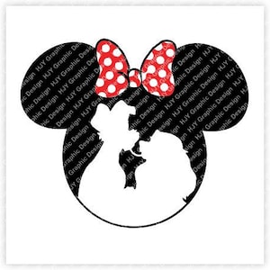 May include: Black and white silhouette of a cartoon mouse head with large ears and a red bow with white polka dots.