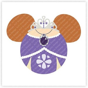 May include: Purple and white princess-themed Mickey Mouse ears with a crown and a jewel pendant.