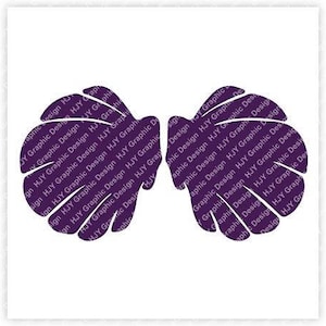 May include: Purple silhouette of two seashells, side by side, with a smooth, rounded shape.