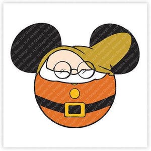 May include: A cartoon illustration of a red and orange character with a white beard and glasses wearing a black Mickey Mouse hat. The character is wearing a yellow and orange hat.
