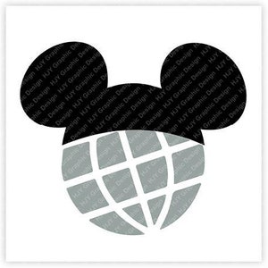 May include: Black and white silhouette of Mickey Mouse ears with a gray globe pattern in the center.