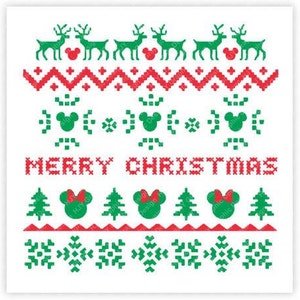 Peut inclure: Un fond blanc avec un motif de Noël vert et rouge représentant Mickey Mouse et des rennes. Le texte "Merry Christmas" est en rouge et vert.