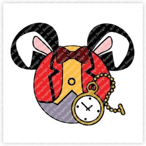 May include: A red, yellow, and black cartoon character with large ears, a bow tie, and a pocket watch. The character is wearing a red jacket and a yellow vest.