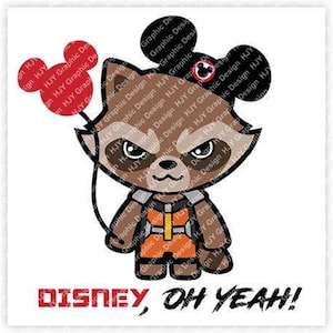May include: A cartoon illustration of Rocket Raccoon from Guardians of the Galaxy wearing a Mickey Mouse hat and holding a red balloon. The text "DISNEY, OH YEAH!" is below the image.