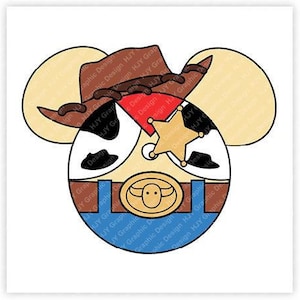 May include: A cartoon character wearing a cowboy hat, a sheriff's star, and a blue and white bandana. The character has a brown and white cow pattern on its face.