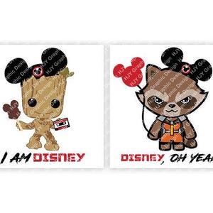 May include: Two cartoon characters wearing Mickey Mouse ears. The first character is Groot from Guardians of the Galaxy holding a Mickey Mouse ice cream bar. The text below him reads "I am Disney". The second character is Rocket Raccoon from Guardians of the Galaxy holding a red balloon with Mickey Mouse ears. The text below him reads "Disney, Oh Yeah!"