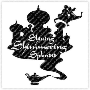 May include: Black silhouette of a genie lamp with a magic carpet and two figures flying above. The lamp is shaped like a genie bottle with a spout and a handle. The text "Shining Shimmering Splendid" is written inside the silhouette.