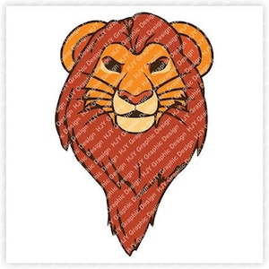 May include: A cartoon illustration of a lion's face with a red-orange mane and a brown nose. The lion has a serious expression with its mouth closed and its eyes open.