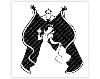 Könnte beinhalten: Schwarz-weiß Silhouette Illustration eines tanzenden Paares. Die Frau trägt ein Kleid und der Mann trägt eine Krone und einen Umhang. Die Illustration ist in einem einfachen, stilisierten Design.