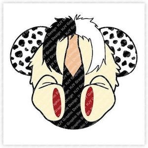 Puede incluir: Una ilustración de dibujos animados en blanco y negro de un dálmata con una oreja manchada de blanco y negro. El perro tiene una cara blanca con ojos negros y una nariz negra. El perro lleva un collar rojo.