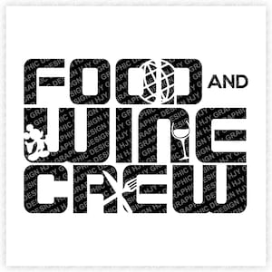 May include: Black and white graphic design with the text "Food Wine Crew" and a globe, wine glass, and Mickey Mouse silhouette.