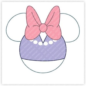 May include: A purple and white cartoon character with large ears and a pink bow. The character has a white pearl necklace and a white collar.