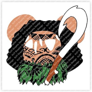 May include: A digital illustration of a brown-skinned person with a black and white tribal design on their face. They are wearing a green lei and a white hook. The background is white.