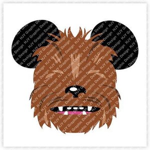May include: A brown and black cartoon character with large ears, resembling a Wookiee from Star Wars, wearing Mickey Mouse ears.
