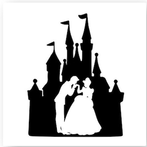 Könnte beinhalten: Schwarze Silhouette eines Märchenschlosses mit einem Prinzen und einer Prinzessin davor.