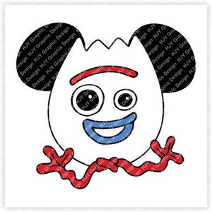 May include: A cartoon character with a white face, red eyebrows, blue eyes, and a blue smile. The character has black ears and red arms.
