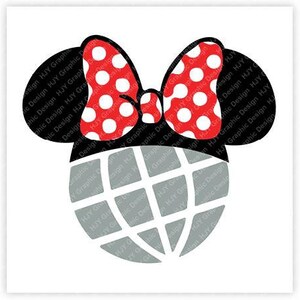 May include: A black and white silhouette of Mickey Mouse ears with a red bow with white polka dots. The ears are over a gray and white globe.