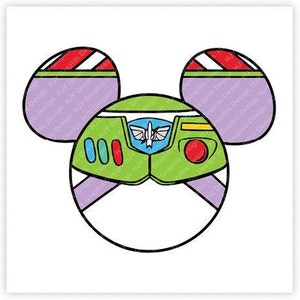 May include: A green, purple, and yellow cartoon character with a space ranger helmet and a Mickey Mouse head shape. The character has a large, round head with a white face and a small, black mouth.
