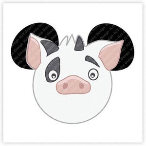 Könnte beinhalten: Ein Cartoon-Schwein mit schwarzen Ohren und einem weißen Gesicht. Das Schwein hat eine rosa Schnauze und schwarze Augen.