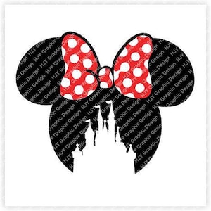 May include: Black silhouette of Mickey Mouse ears with a red bow with white polka dots in the center.