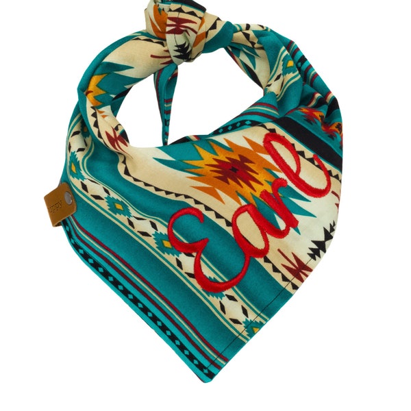 Personalized Aztec Dog Bandana, Turquoise South West Puppy Scarf, Teal Embroidered Pet Kerchief, Custom Doggie Scarves, Reversible Tie Dogs