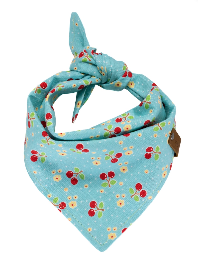 Rockabilly Embroidered Pet Kerchief Custom Doggie Scarves Reversible Tie Dogs Personalized Turquoise Cherries Puppy Scarf Dog Bandana