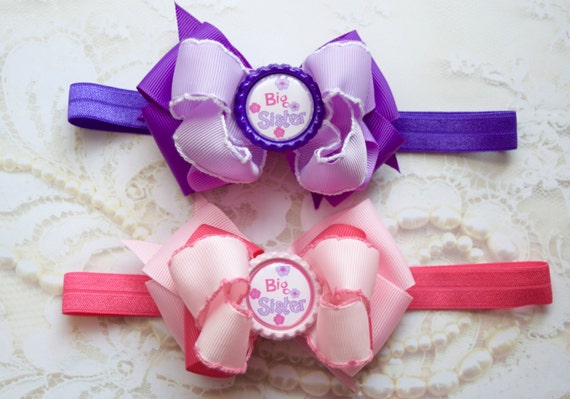 Hot Pink Purple Stars Big Sister Bottle Cap Hair Bow 5/"