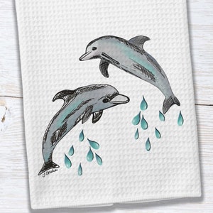 Dolphins Tea Towel, Coastal Decor, Kitchen, Hand Towel, Dish Towel, Microfiber Waffle Towel