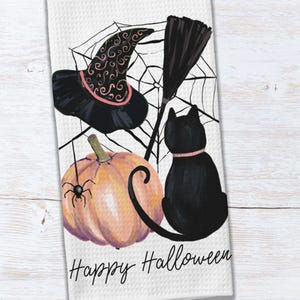 Halloween Tea Towel – Black Cat, Witch Hat, Broom & Pumpkin Design, Happy Halloween Kitchen Décor, Waffle Weave Dish Towel
