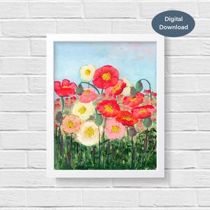 Campo di papaveri arte murale stampabile / pittura di papaveri islandesi / download digitale di papaveri colorati