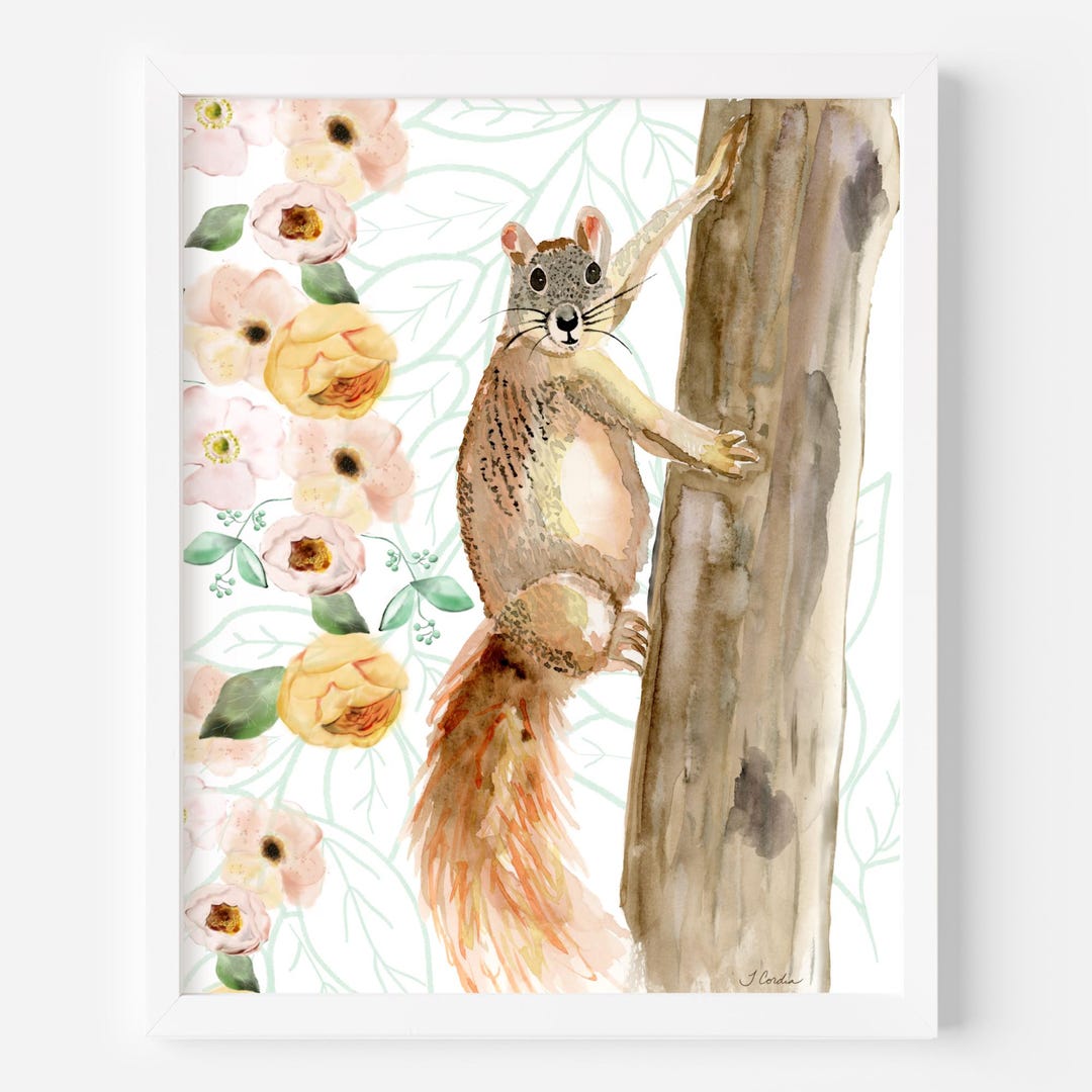 Squirrel Illustration Floral Watercolor Art Print, 8x10 Unframed Print ...