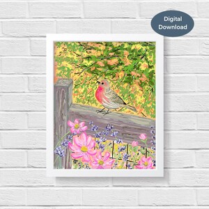Arte para impressão floral de tentilhão vermelho | Arte para impressão de pássaro floral colorido | Flores brilhantes da primavera com download digital de pássaro