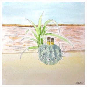 Watercolor Cactus Cotton Fabric Panel, 8.4&quot; x 8.4&quot;, Desert Southwest Arizona, Barrel Cactus Fabric Art Print, Small Fabric Panel for Sewing
