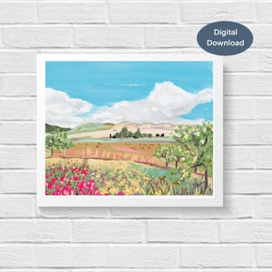 Blumen Wiese Landschaft Printable | Bunte Landschaftsmalerei | Land Landschaft Digitaler Download
