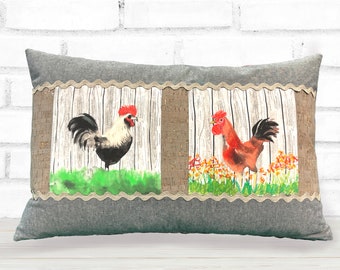 Roosters Pillow Cover, Accent Pillow, Home Decor, 16"x26”, Linen Cotton