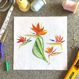 Bird of Paradise Cotton Fabric Panel: Tropical Watercolor Art Print (8.4"x8.4")