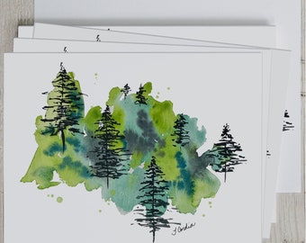 Watercolor Tree Note Cards, Abstract Watercolor, Evergreen Trees, Watercolor Print -  4.25" x 5.5" - Set of 4