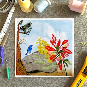 Bluebird Indian Paintbrush Quilt Block, Watercolor Wildflower Cotton Art Print (8.4" x 8.4")